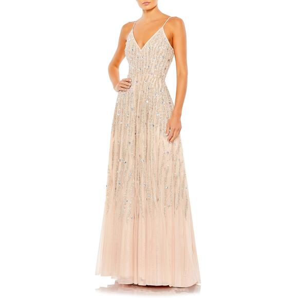 Mac Duggal 93566 Peach Sequin Tulle Sleeveless V-Neck Formal Gown Size 0 NWT - Picture 1 of 9